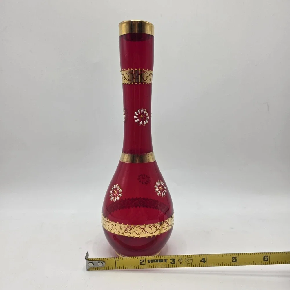 Vintage Ruby Red Glass Bud Vase Gold Enamel Floral Bohemian Style‎ 8in